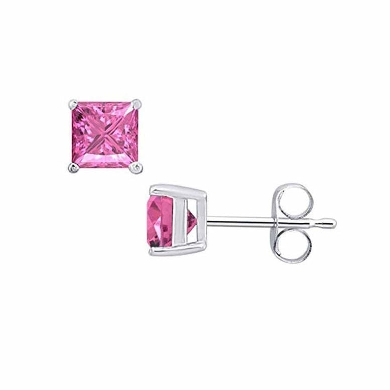 Paris Jewelry 14k White Gold Pink Sapphire Princess Stud Earrings 4MM Image 1