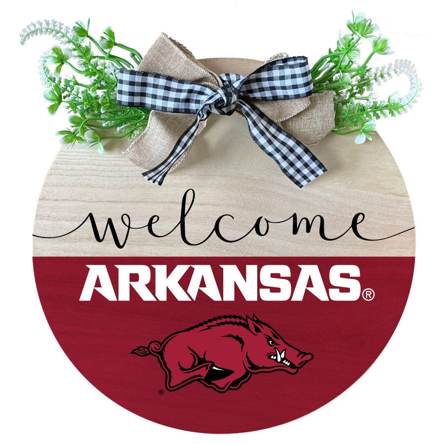 Arkansas Razorbacks Wooden Wreath Welcome Sign Officially Licensed Collegiate Product Image 1