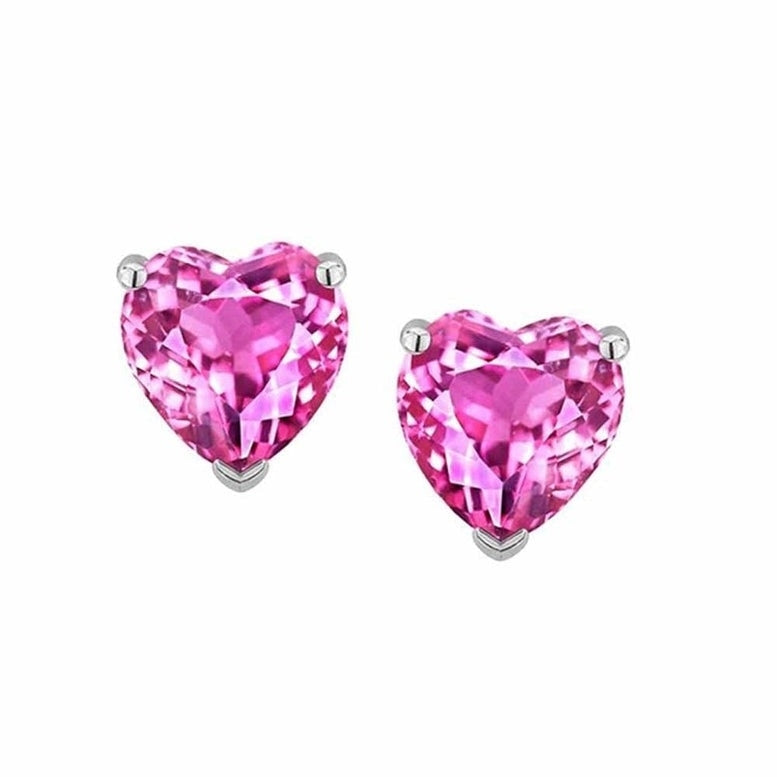 Paris Jewelry 14k White Gold Heart Pink Sapphire Stud Earrings 4MM Push Back Image 1