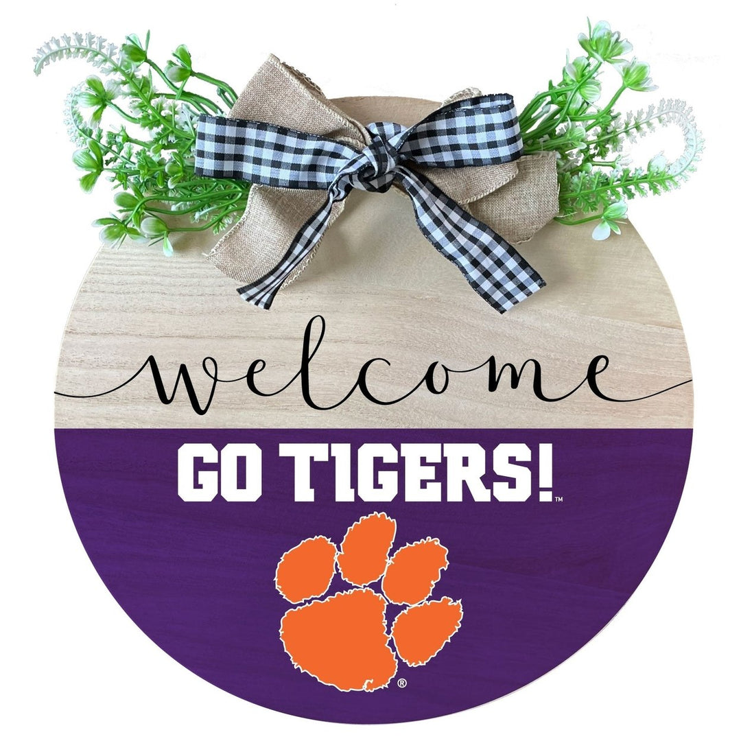 Clemson Tigers Wooden Wreath Welcome Sign Officially Licensed Collegiate Product Image 1