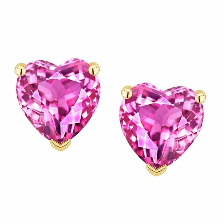 Paris Jewelry 14k Yellow Gold Heart Pink Sapphire Stud Earrings 3MM Ladies Image 1