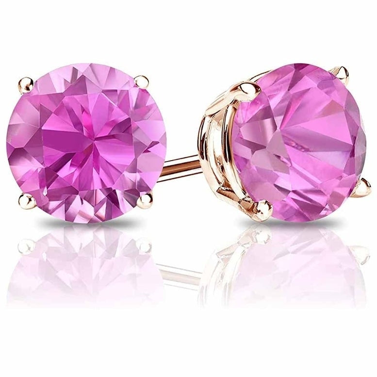 Paris Jewelry 14k Yellow Gold Push Back 4mm Round Pink Sapphire Stud Earrings Image 1