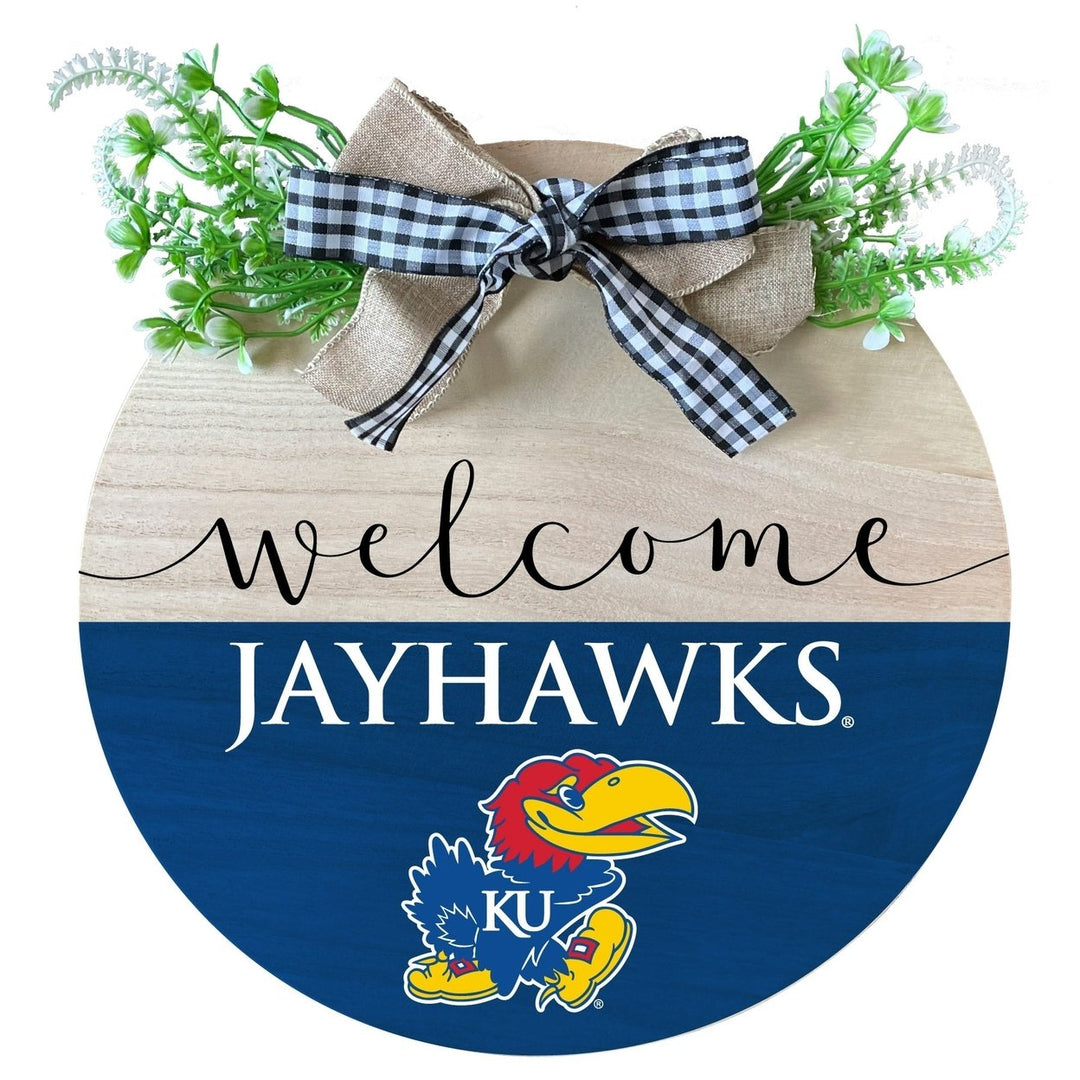 Kansas Jayhawks Wooden Wreath Welcome Sign Officially Licensed Collegiate Product Image 1