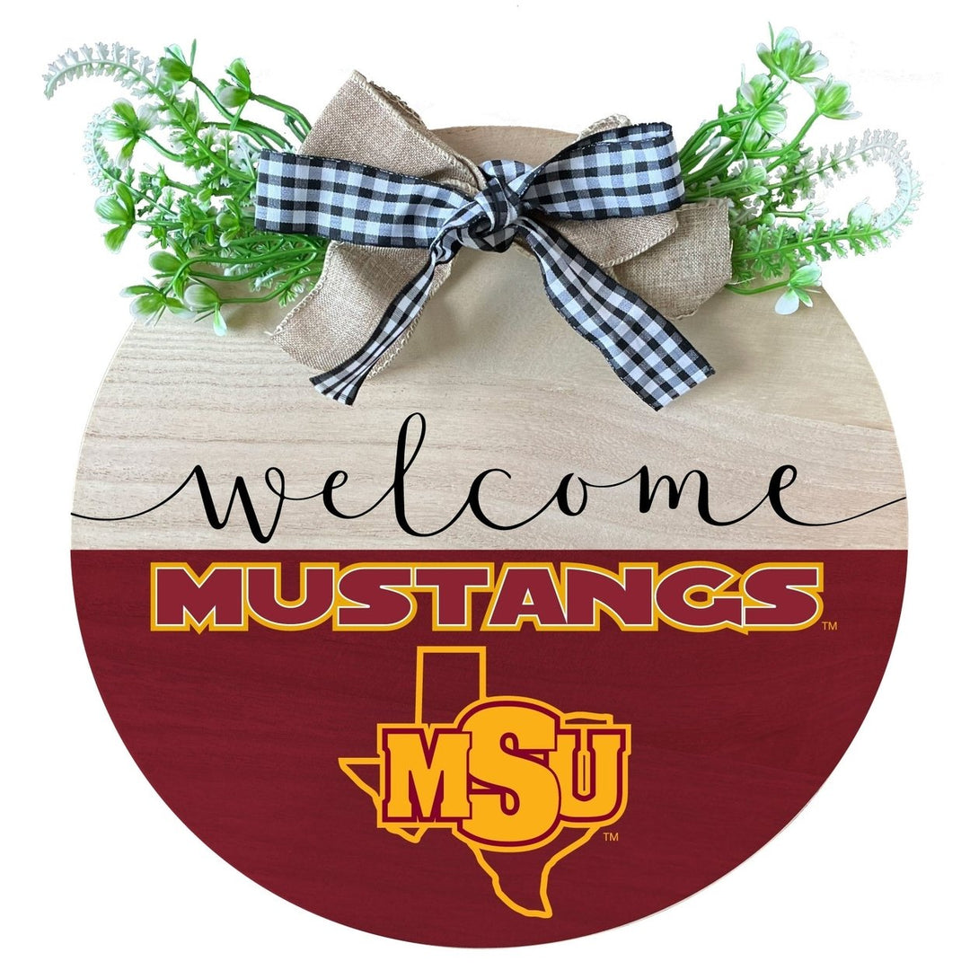 Midwestern State University Mustangs Wooden Wreath Welcome Sign Officially Licensed Collegiate Product Image 1