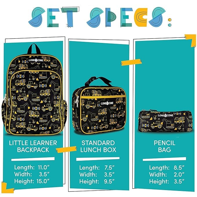 Lone Cone Kids 3-Piece Back to School Kit - Backpack Lunchbox and Pencil Case-Construction Style Image 2