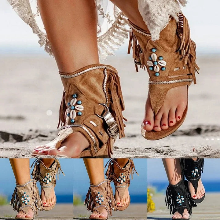 Womens Bohemian Fringed Toe Flat Sandals Image 1