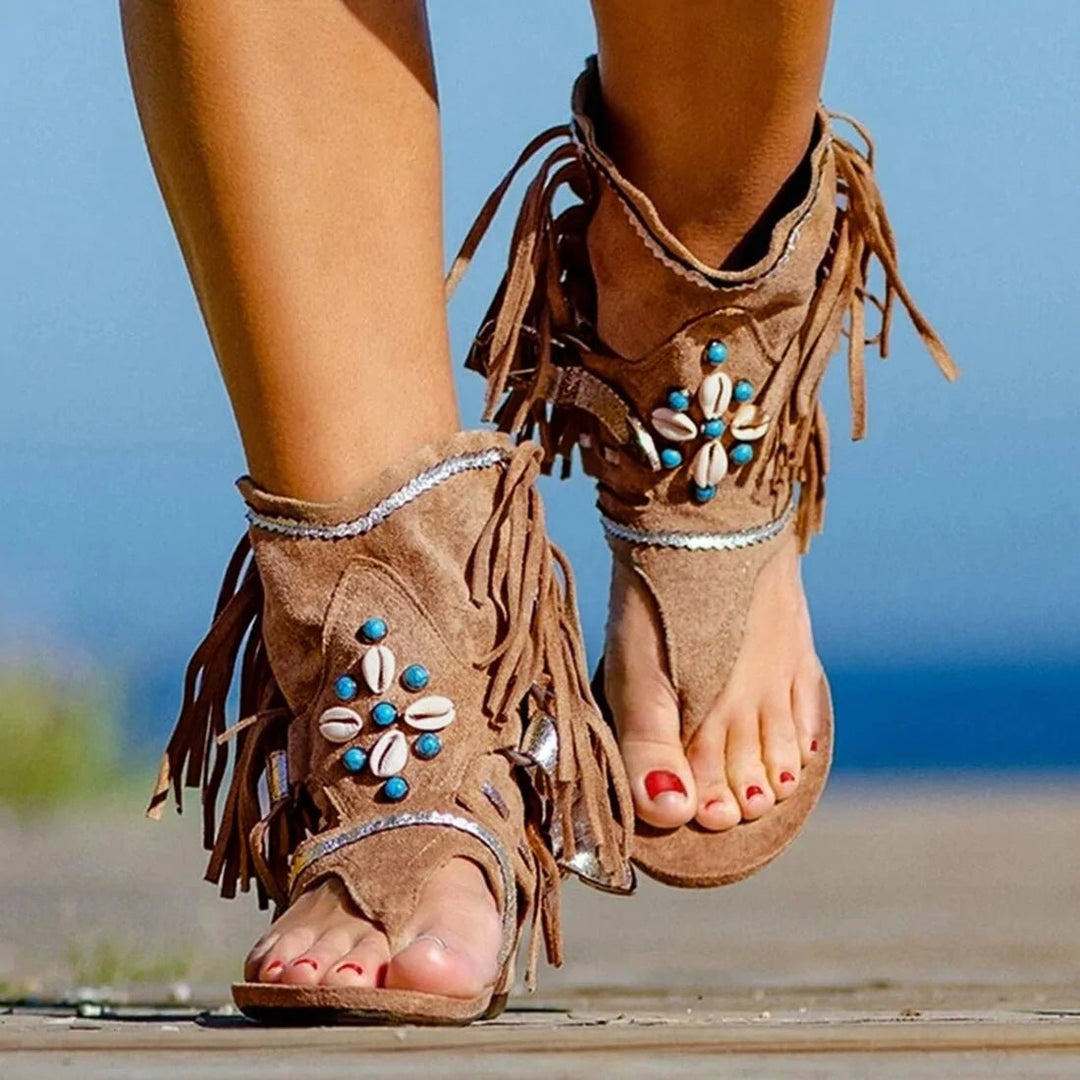 Womens Bohemian Fringed Toe Flat Sandals Image 2