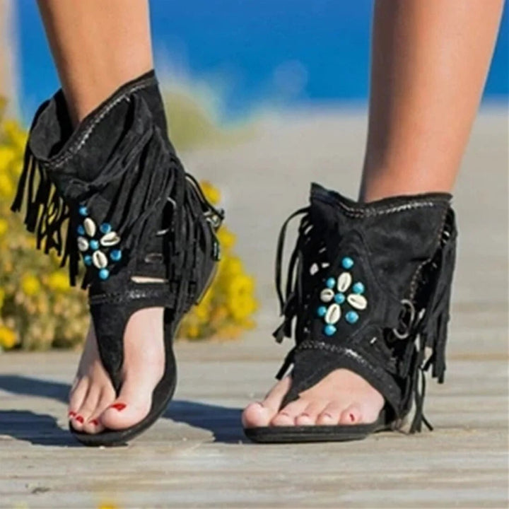 Womens Bohemian Fringed Toe Flat Sandals Image 3