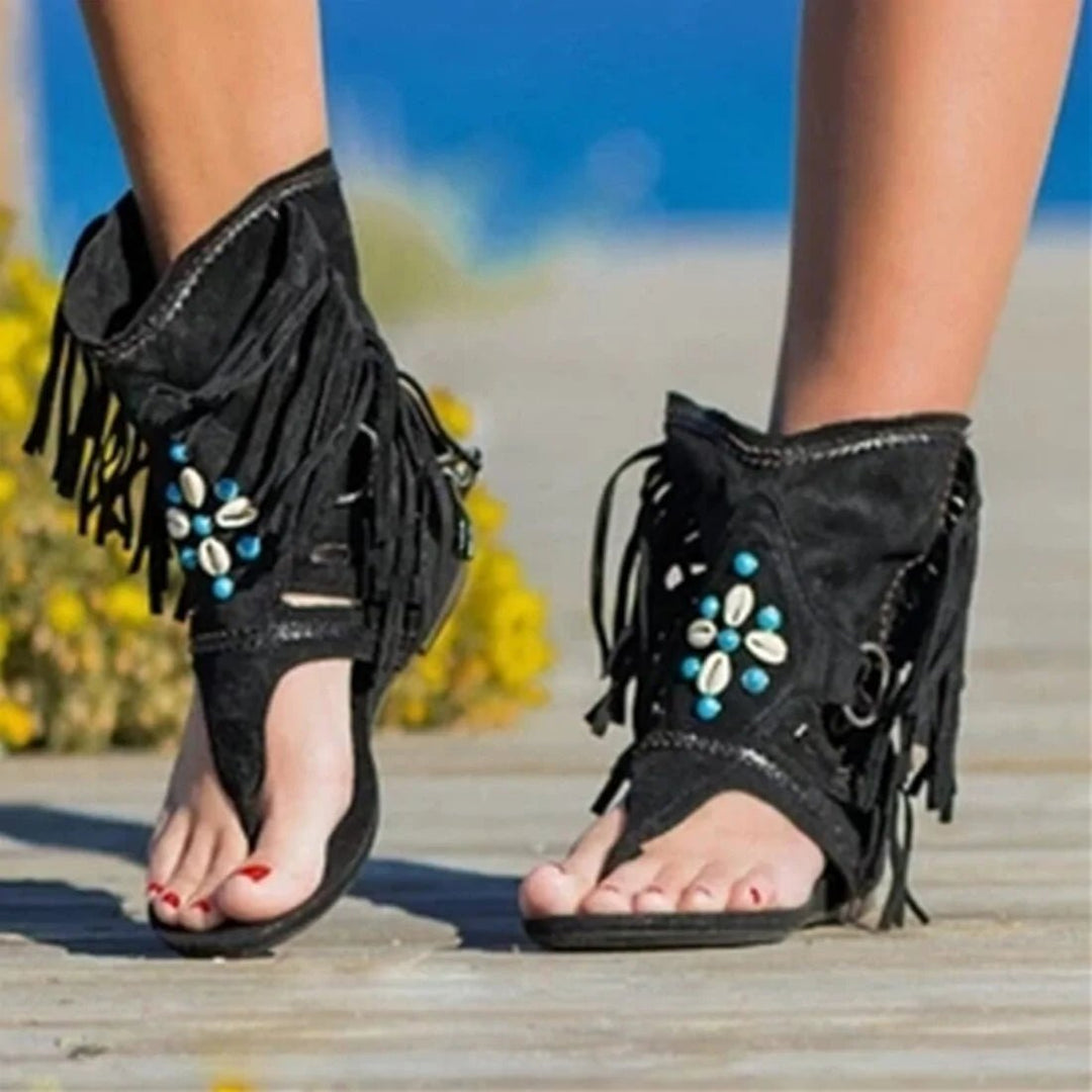 Womens Bohemian Fringed Toe Flat Sandals Image 7