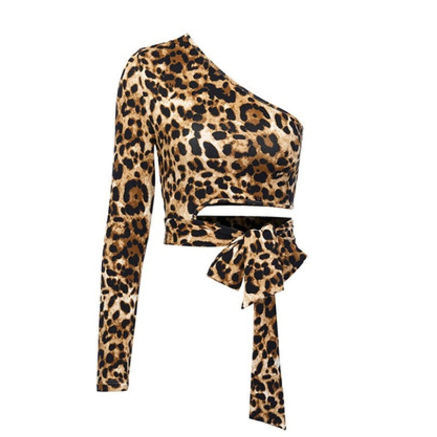 Leopard Cutout One-Shoulder Cropped Top Image 1