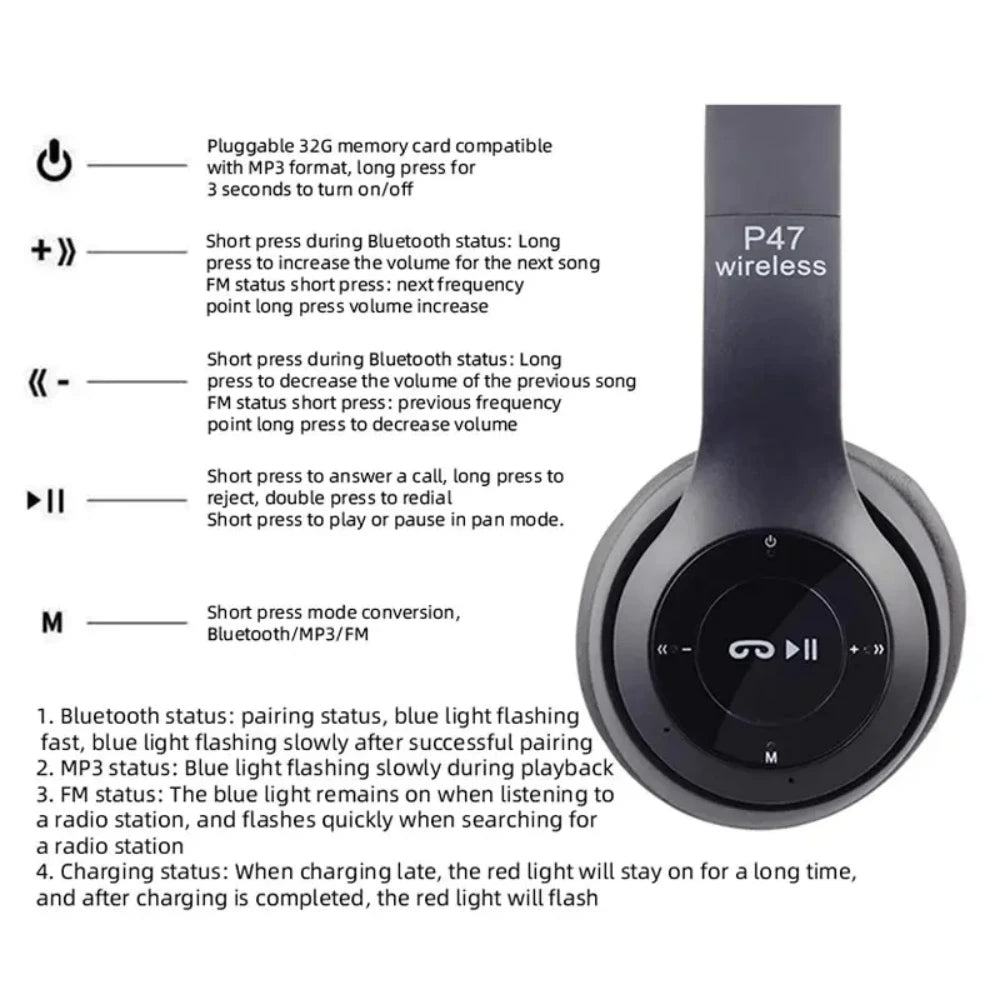 P47 Wireless Bluetooth Headphone With Microphone Foldable Headsets Bass HiFi Sound Music Stereo Earphone For Smartphones Image 4