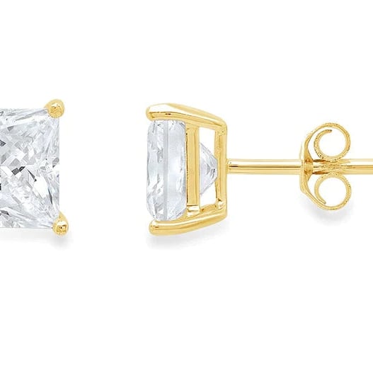 10K Yellow Gold Plated Created White Diamond 4mm Princess Cut Stud Earrings Image 1