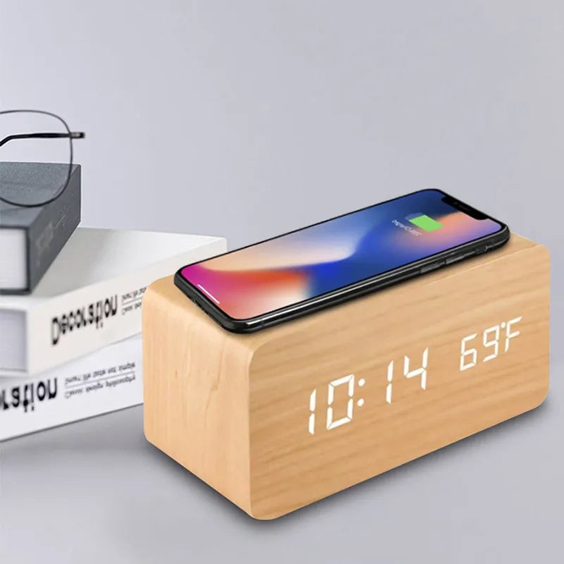 Wooden Digital Alarm Clock With Wireless Charging Image 1