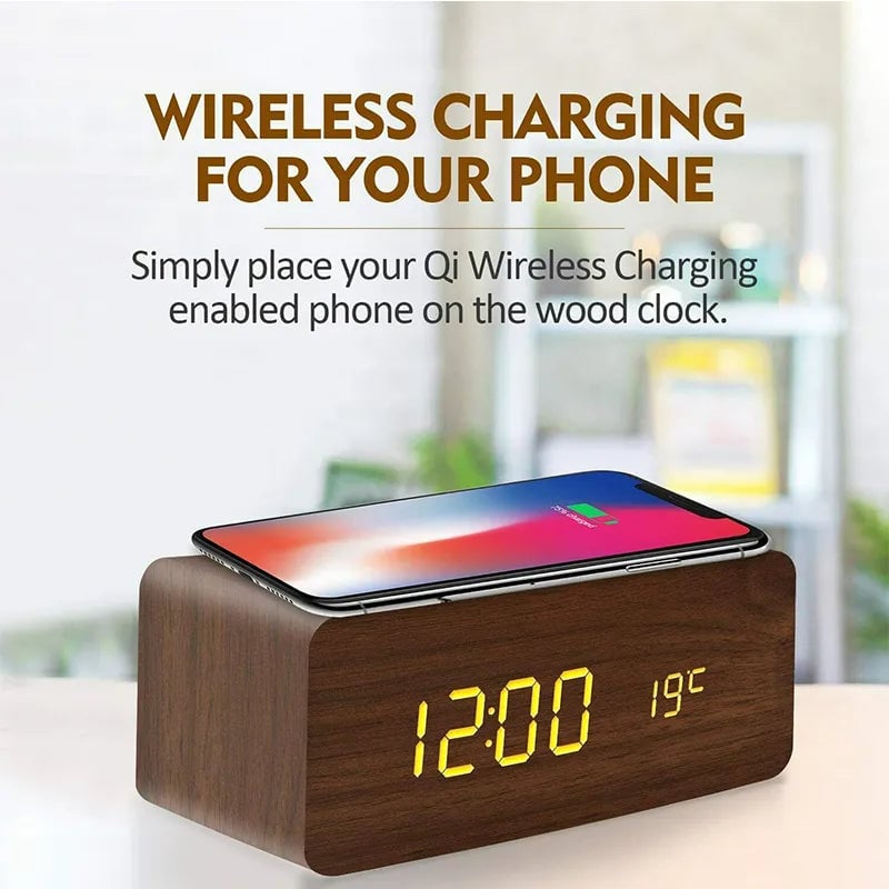 Wooden Digital Alarm Clock With Wireless Charging Image 2