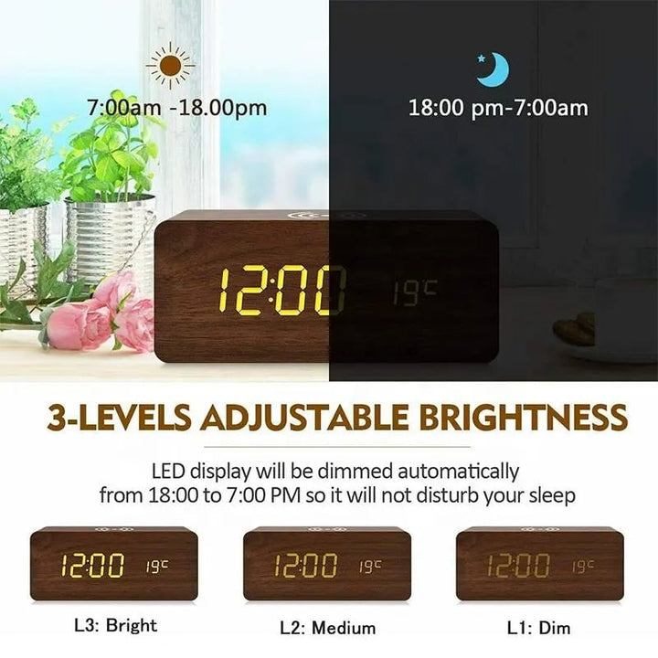 Wooden Digital Alarm Clock With Wireless Charging Image 4