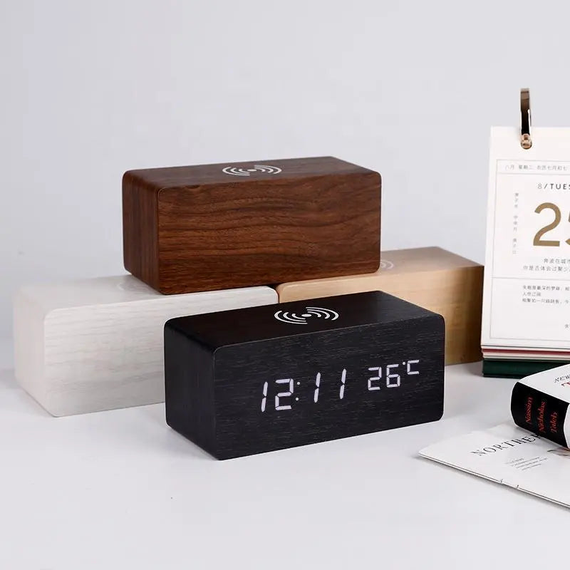 Wooden Digital Alarm Clock With Wireless Charging Image 6