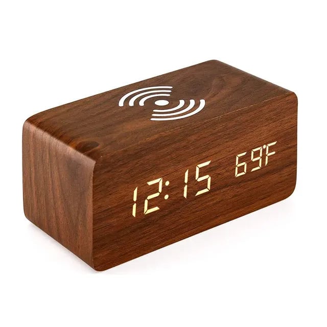 Wooden Digital Alarm Clock With Wireless Charging Image 8