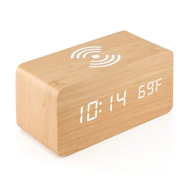 Wooden Digital Alarm Clock With Wireless Charging Image 11