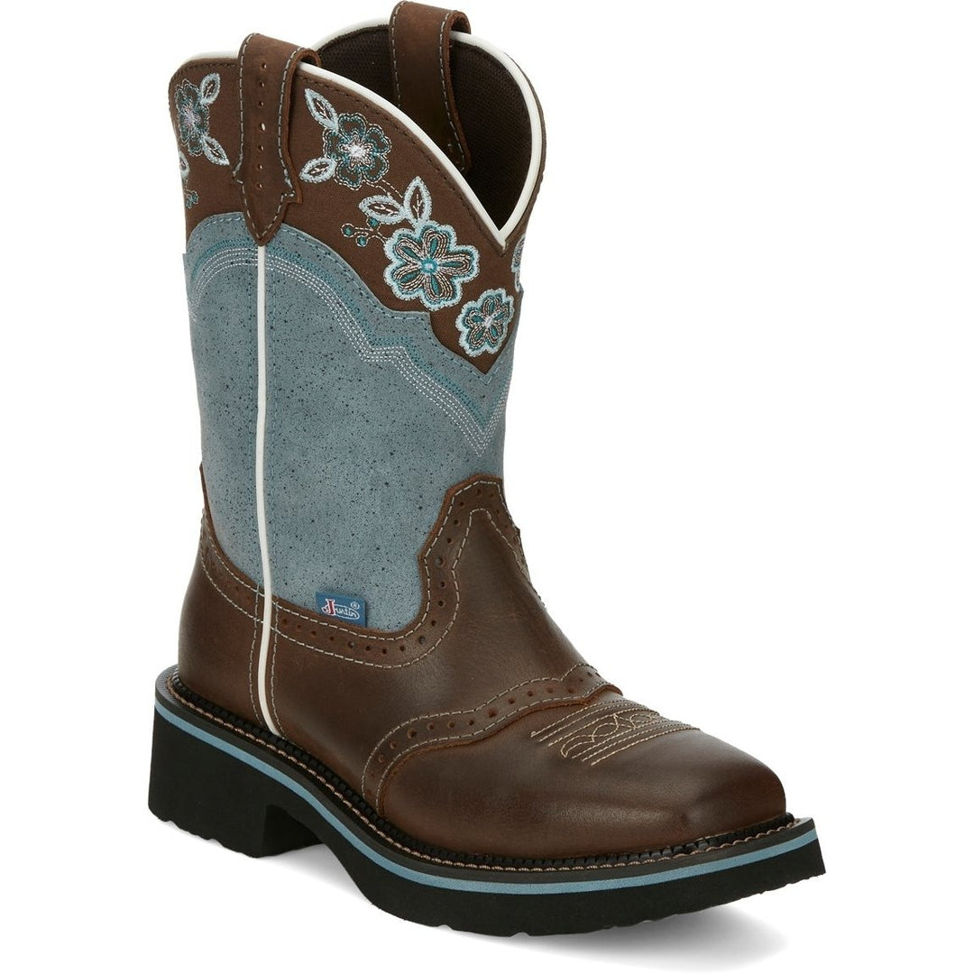 Justin Womens 11" Starlina Western Boots Brown Blue GY9950 Full Grain Leather Image 1