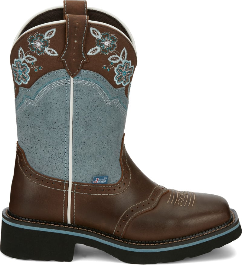 Justin Womens 11" Starlina Western Boots Brown Blue GY9950 Full Grain Leather Image 2