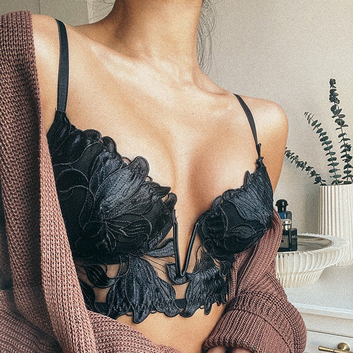 Women Fashion French Lace Bra Push Up Lingerie Embroidery Bralette Underwear Female Thin Deep V Brassiere Transparent Image 4