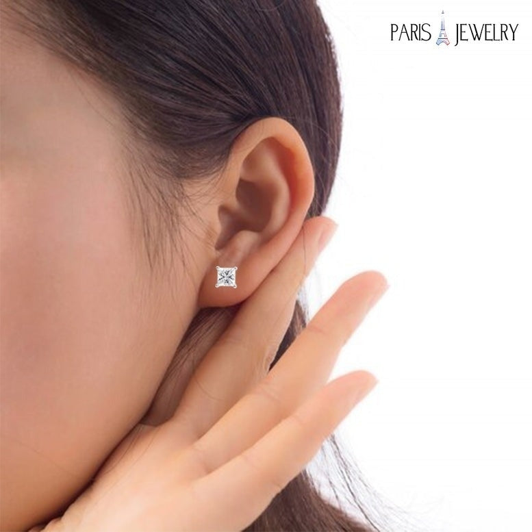 Paris Jewelry 14k White Gold Push Back Created White Sapphire Stud Earrings 3mm Image 3