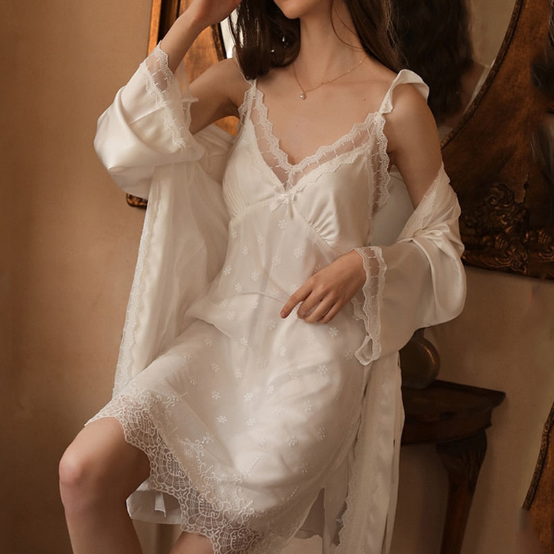 Women Fashion 2 Pieces Pajamas Sets Faux Silk Pajamas Sleepwear Sets Embroidery Lace Bath Gown Image 4