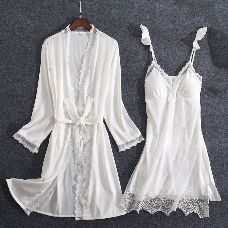 Women Fashion 2 Pieces Pajamas Sets Faux Silk Pajamas Sleepwear Sets Embroidery Lace Bath Gown Image 8