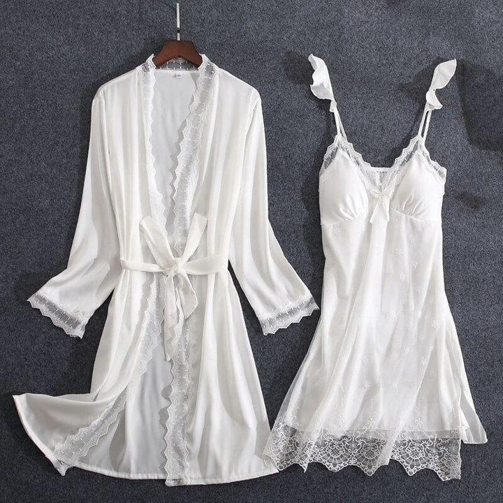 Women Fashion 2 Pieces Pajamas Sets Faux Silk Pajamas Sleepwear Sets Embroidery Lace Bath Gown Image 1