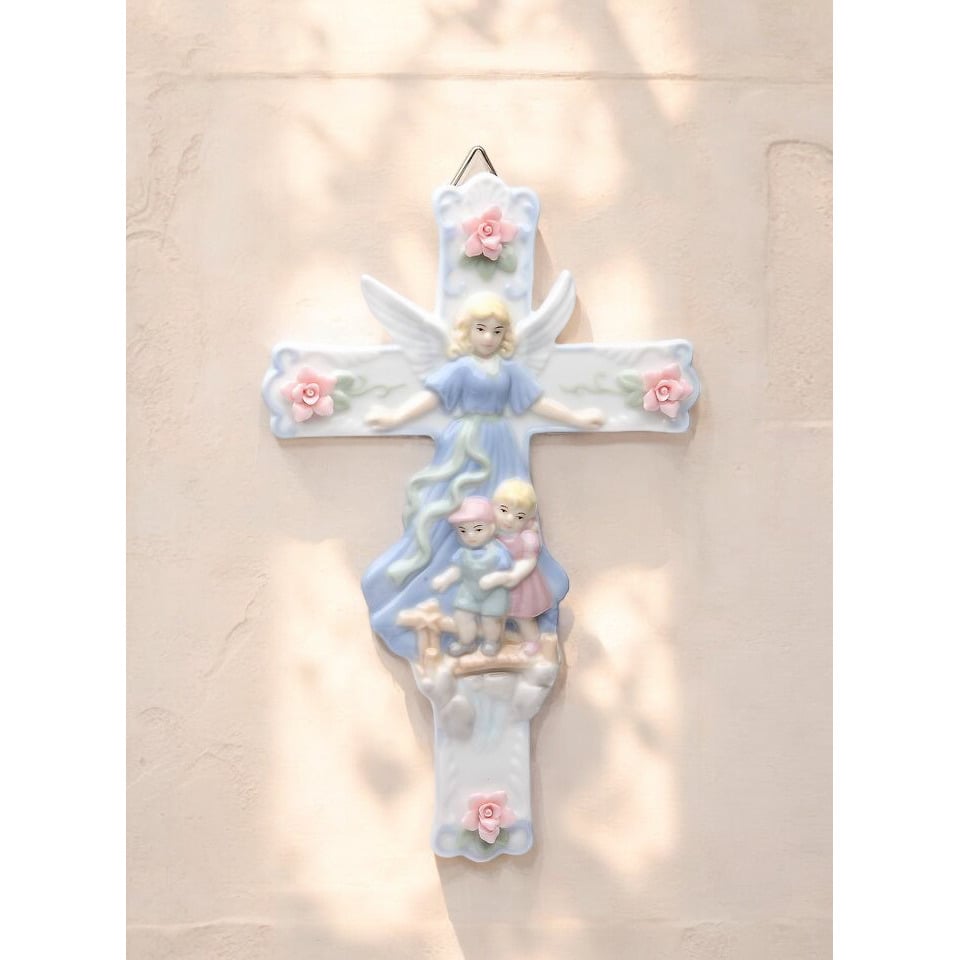 Ceramic Cross Guardian Angel Watching Over Children 8.5" Gift Image 1