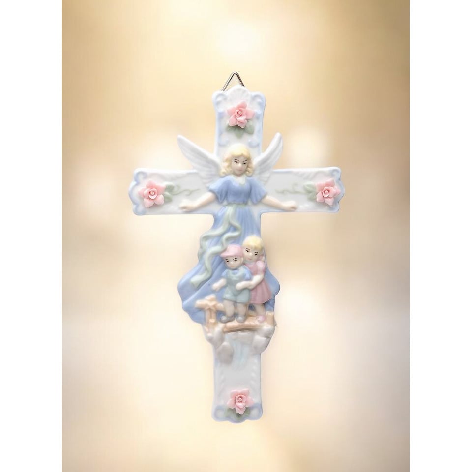 Ceramic Cross Guardian Angel Watching Over Children 8.5" Gift Image 2