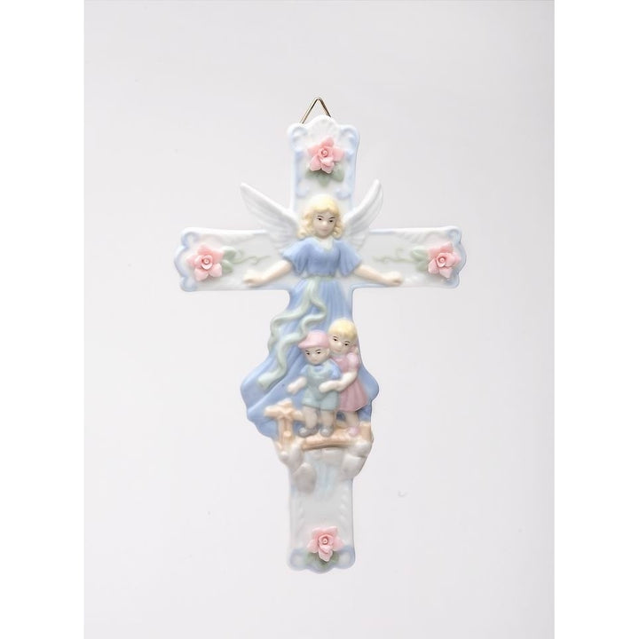 Ceramic Cross Guardian Angel Watching Over Children 8.5" Gift Image 3