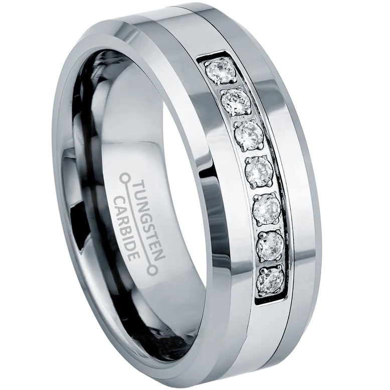 Paris Jewelry Tungsten Wedding Band 8mm Silver Diamond Ring Unisex Image 1