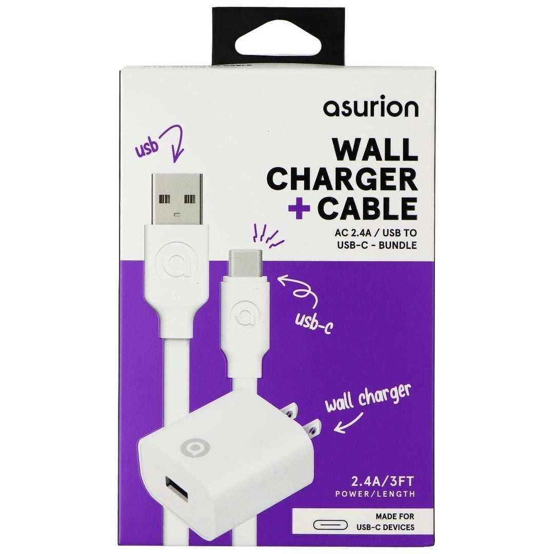 Asurion (2.4A) USB-A Wall Adapter with (3-Foot) USB-C Cable - White Image 1