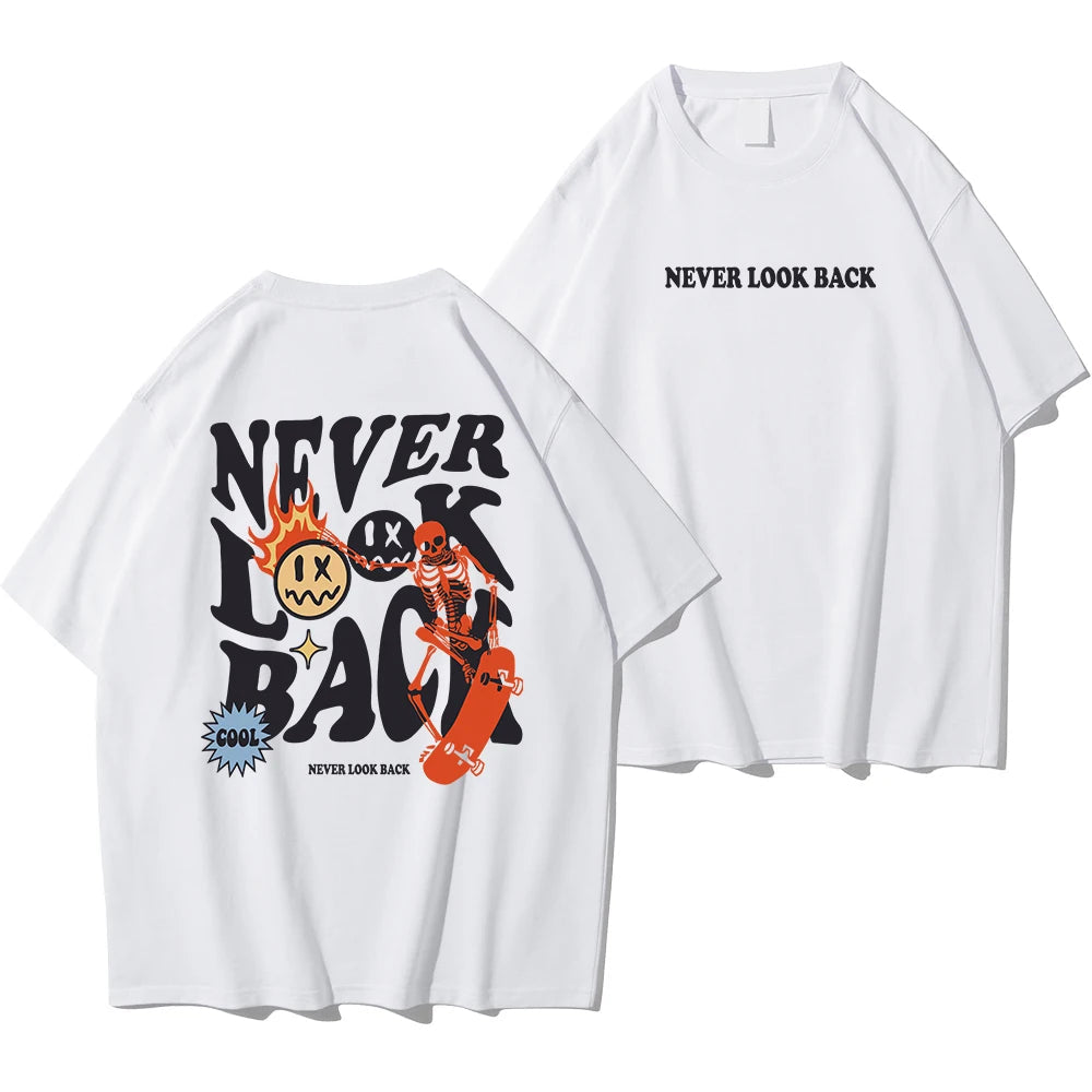 Never Look Back Creative Smile Skull Printing Cartoons Street Print Tshirt Man Loose Tee Clothes Cotton Crewneck Tops Image 1