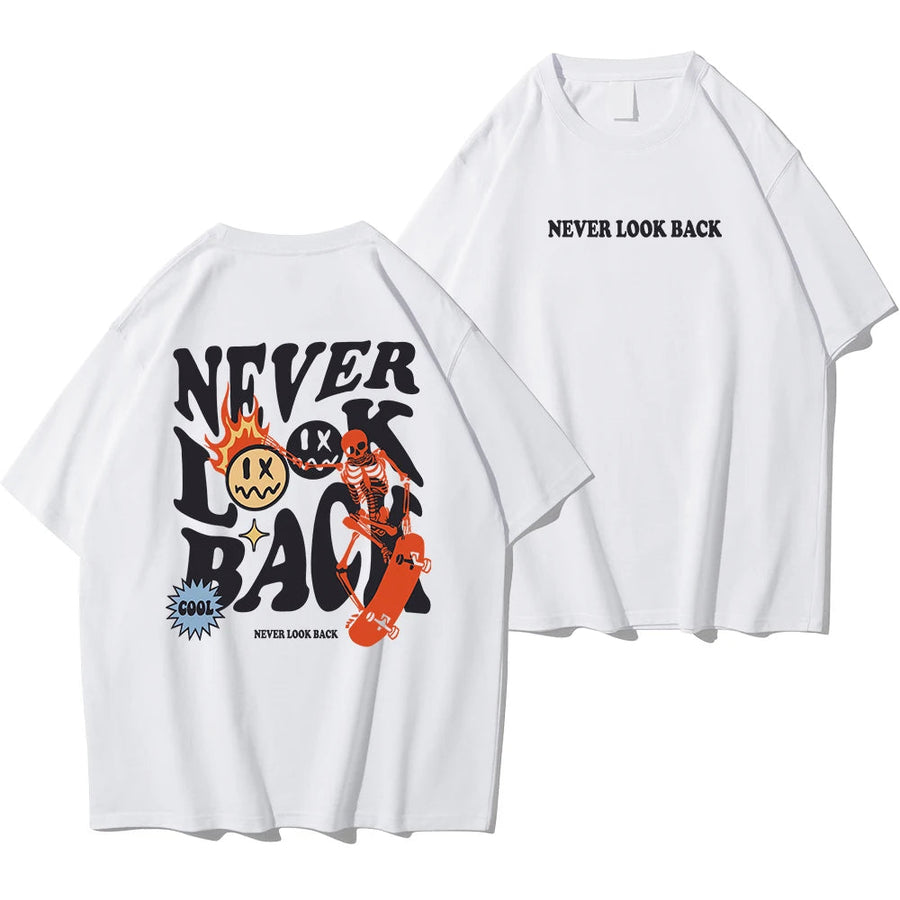 Never Look Back Creative Smile Skull Printing Cartoons Street Print Tshirt Man Loose Tee Clothes Cotton Crewneck Tops Image 1