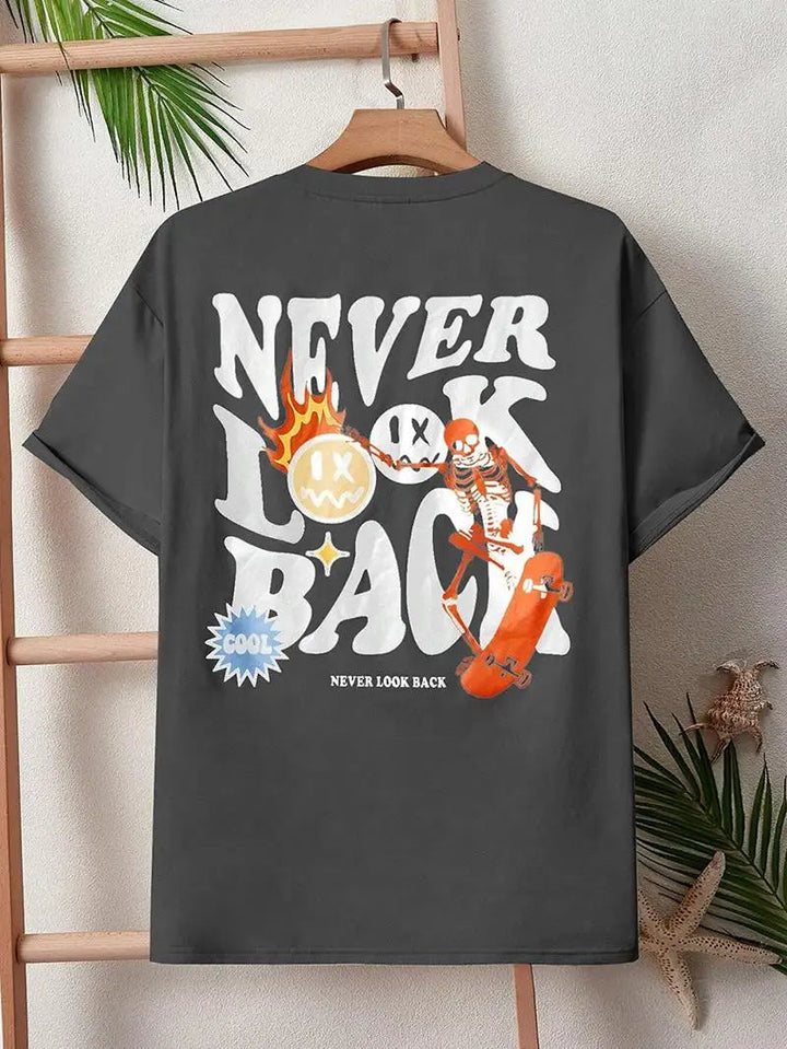 Never Look Back Creative Smile Skull Printing Cartoons Street Print Tshirt Man Loose Tee Clothes Cotton Crewneck Tops Image 3