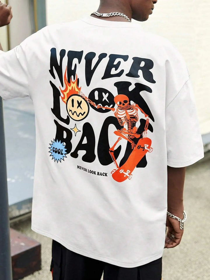 Never Look Back Creative Smile Skull Printing Cartoons Street Print Tshirt Man Loose Tee Clothes Cotton Crewneck Tops Image 4