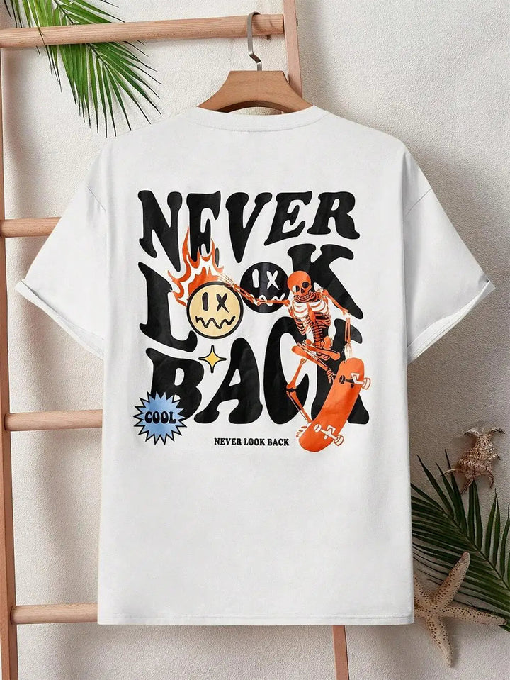 Never Look Back Creative Smile Skull Printing Cartoons Street Print Tshirt Man Loose Tee Clothes Cotton Crewneck Tops Image 7