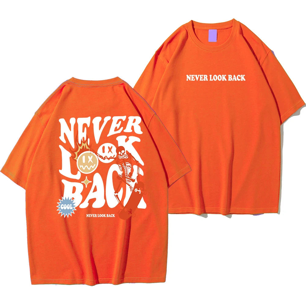 Never Look Back Creative Smile Skull Printing Cartoons Street Print Tshirt Man Loose Tee Clothes Cotton Crewneck Tops Image 8