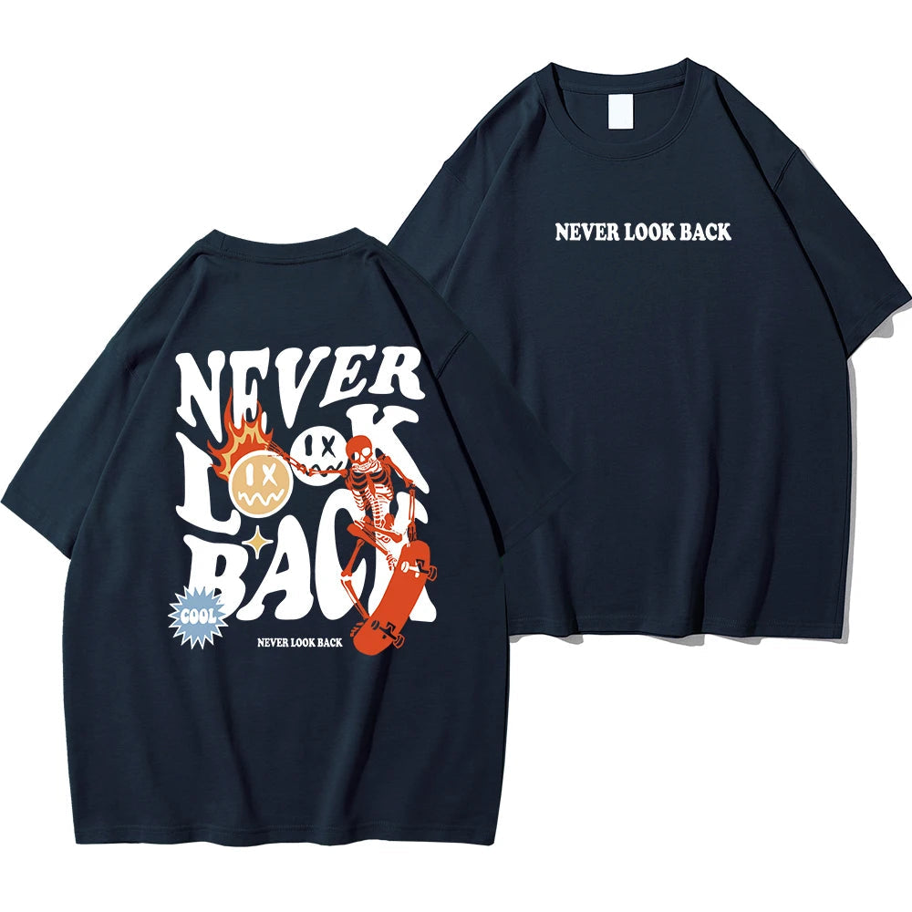 Never Look Back Creative Smile Skull Printing Cartoons Street Print Tshirt Man Loose Tee Clothes Cotton Crewneck Tops Image 9