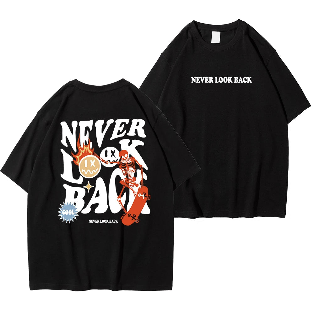 Never Look Back Creative Smile Skull Printing Cartoons Street Print Tshirt Man Loose Tee Clothes Cotton Crewneck Tops Image 10