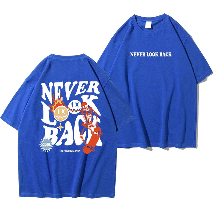 Never Look Back Creative Smile Skull Printing Cartoons Street Print Tshirt Man Loose Tee Clothes Cotton Crewneck Tops Image 12