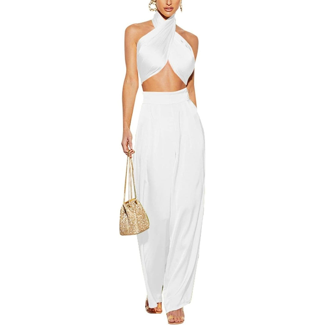 Summer Elegant Two Piece Outfits for Women Sexy Halter Criss Cross Crop Tops and Wide Leg Pants Sets Shiny Clubwear Image 2