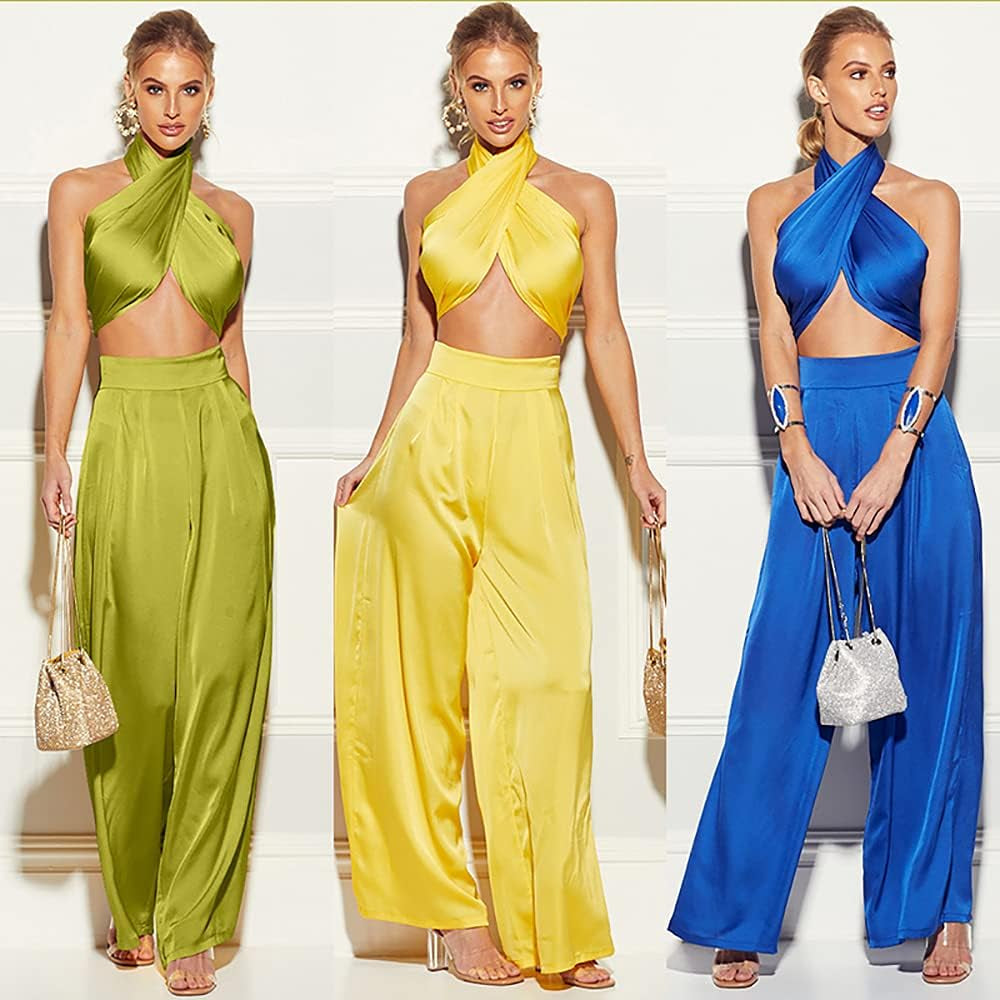 Summer Elegant Two Piece Outfits for Women Sexy Halter Criss Cross Crop Tops and Wide Leg Pants Sets Shiny Clubwear Image 4