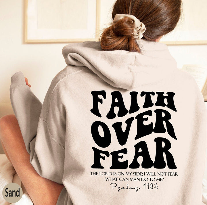 "Faith Over Fear Christian Sweatshirt with Bible Verse Design" Image 3