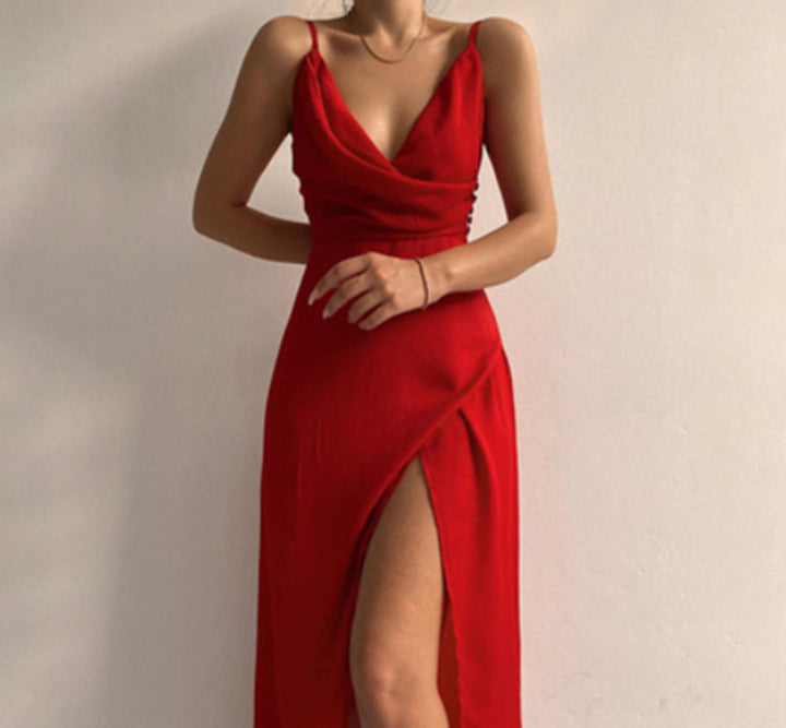 V-Neck Slip Dress Low Cut Printed Slit Dress Image 7