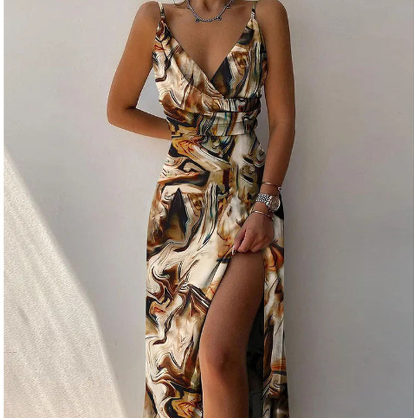 V-Neck Slip Dress Low Cut Printed Slit Dress Image 10