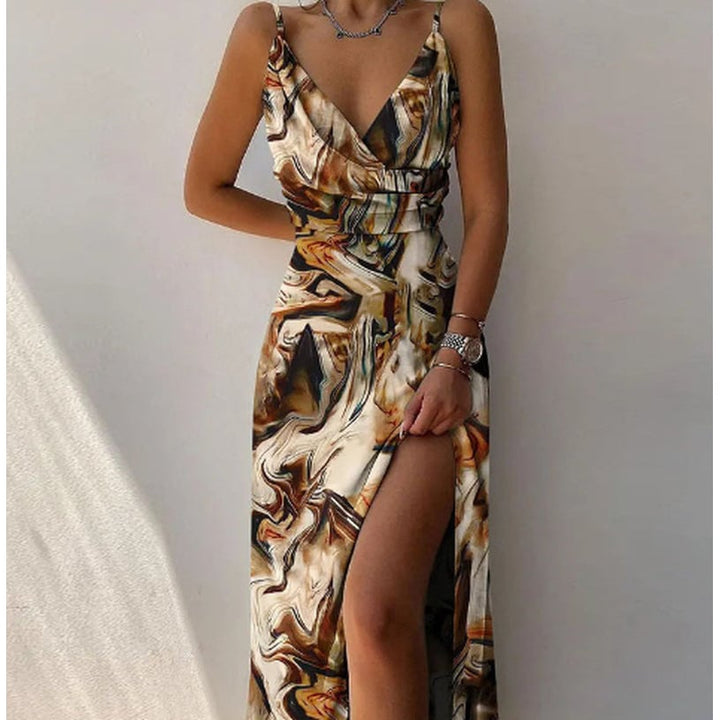 V-Neck Slip Dress Low Cut Printed Slit Dress Image 1