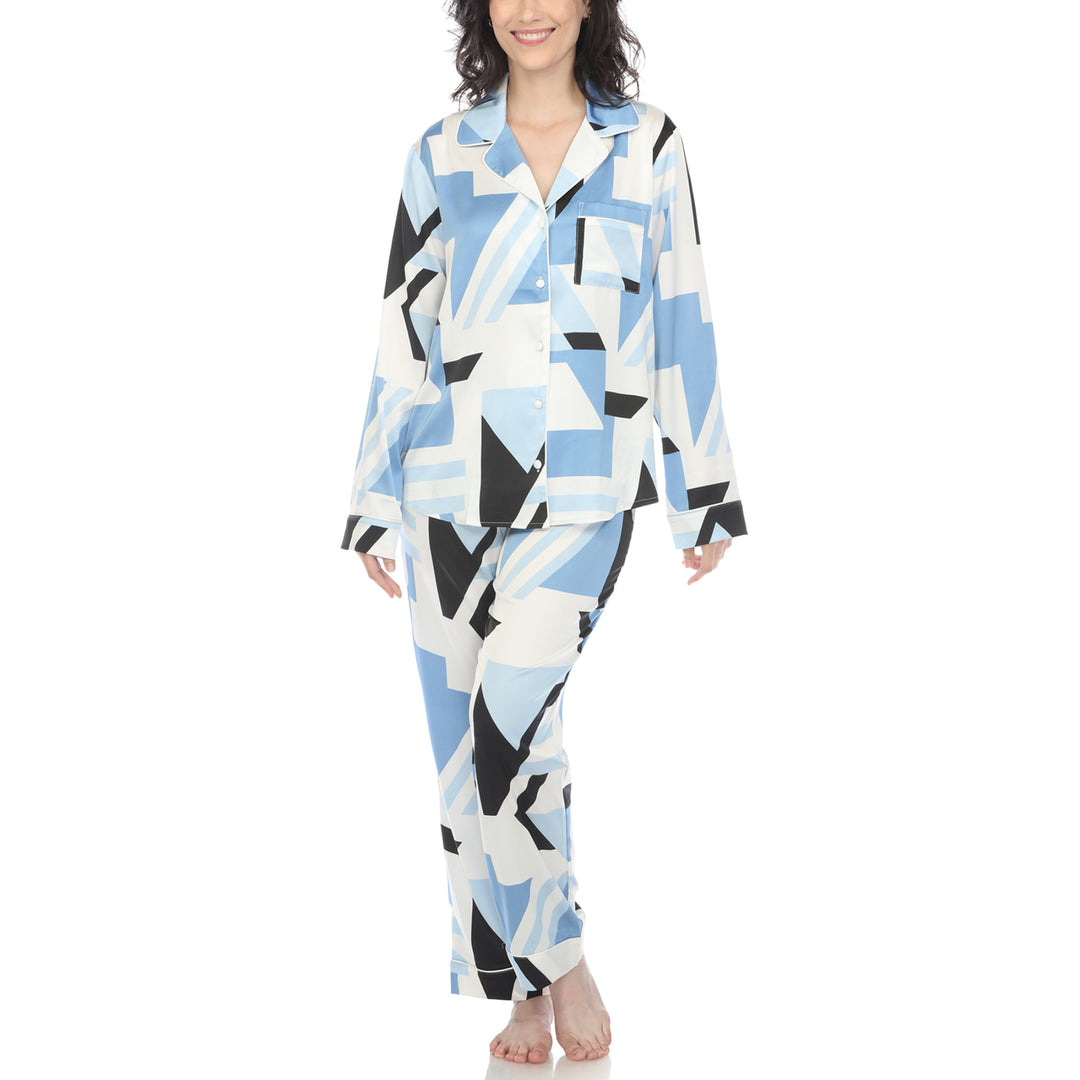 White Mark Womens Printed Satin Pajama Set Long Sleeve Top and Pants Size M Image 1